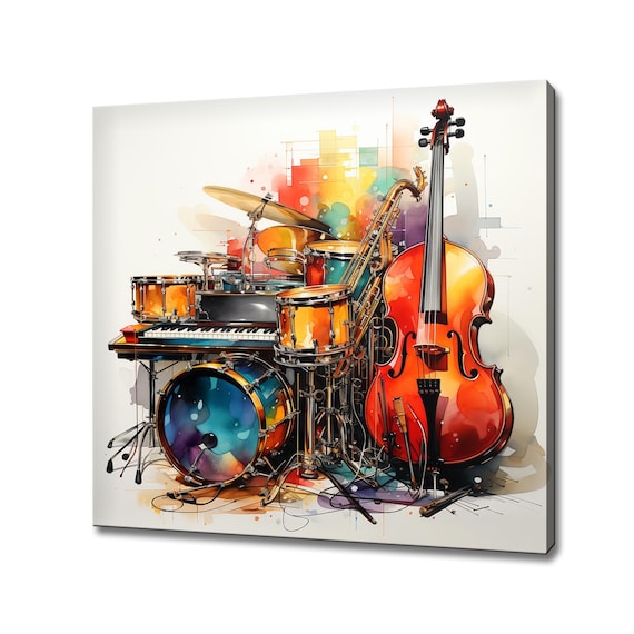 Music Instruments Drums Guitars Colourful Watercolour Canvas Print