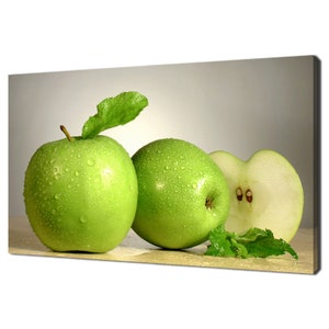 Green Apples Fruits With Water Drops Kitchen Modern Design Home Decor Canvas Print Wall Art Picture