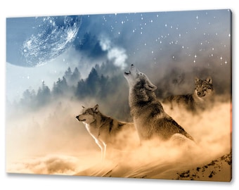 Stunning Howling Wolves In The Moonlight Modern Design Home Decor Canvas Print Wall Art Picture Ready To Hang