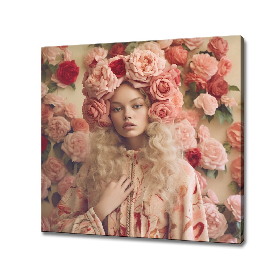 Pink Red Rosses Flowers Woman Head Canvas Print, Rococo Flowers Art ...