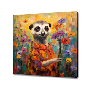 Cute Meerkat Holding Flowers Canvas Print, Gift For Meerkat Lover, Colourful Meerkat Portrait Painting Print, Meerkat Pet Wall Art