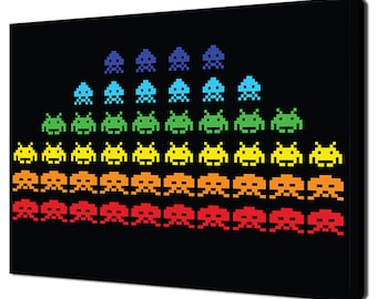 Colourful Rainbow Space Invaders Vintage Game Modern Design Home Decor Canvas Print Wall Art Picture