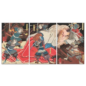 Minamoto No Yorimitsu And His Retainers Attacking The Drunken Monster Shuten-doji Utagawa Kuniyoshi 3 Panels Modern Canvas Print Wall Art