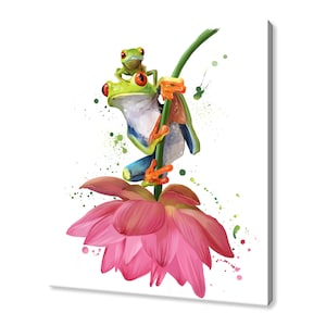 Two Green Frogs On The Pink Flower Modern Design Home Decor Canvas Print Wall Art Picture