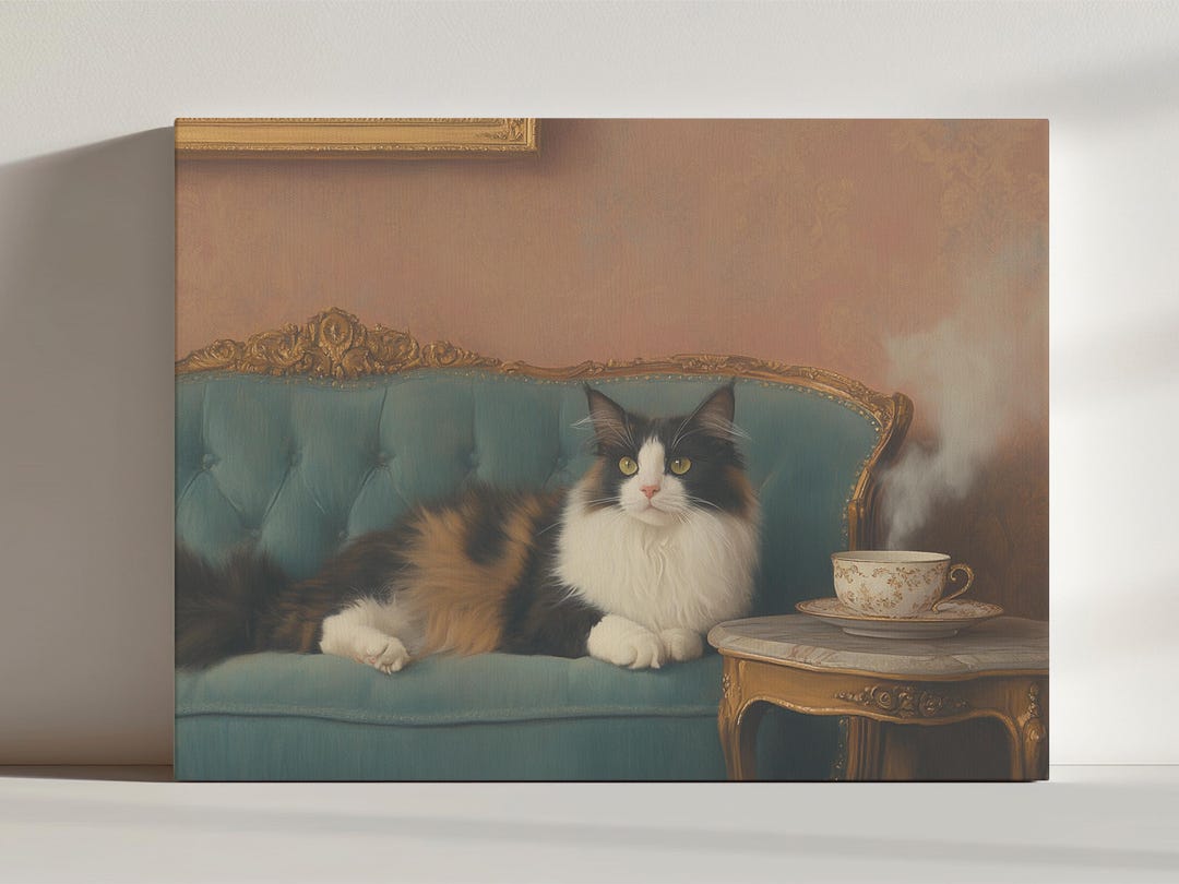 Long Haired Norwegian Forest Cat With Tea Antique Cup Canvas Print, Cat ...
