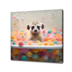 Cute Meerkat In The Bubble Bath Tub, Colourful Animal Art, Canvas Print Kids Nursery Room Decor, Funny Bathroom Print, Bathroom Animal Art
