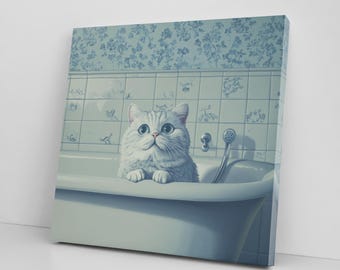 White Cat In A Bathtub Canvas Print, Cute Pet Lover Decor, Gift for Cat Lovers, Adorable Cat Canvas Wall Art, Feline Wall Art Home Decor