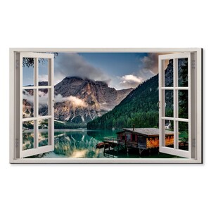 Wooden House On The Lake Braies Window View, Window Frame Style Modern Design Home Decor Canvas Print Wall Art Picture Ready To Hang