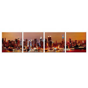 Panorama Of Beautiful New York Manhattan At Night 4 Panels Modern Cityscape Canvas Print Wall Art Picture