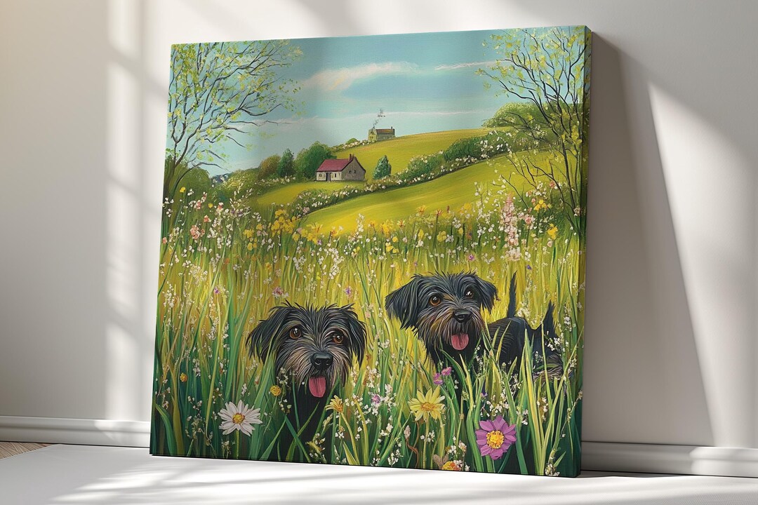 Dogs in the Spring Wildflowers Field Canvas Print, Gift for Dog Lover ...