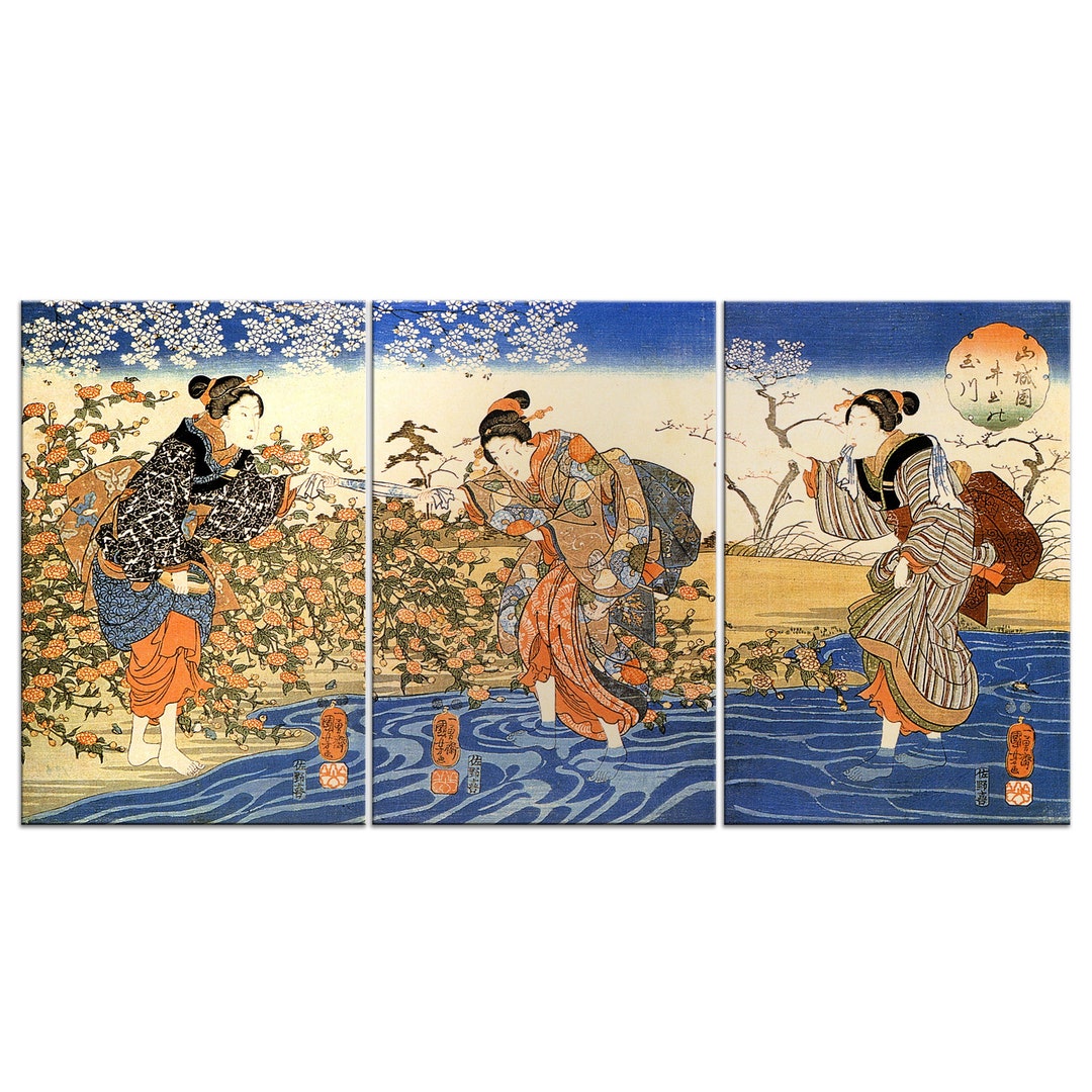 The Ide Tama River in Yamashiro Province Utagawa Kuniyoshi 3 Panels ...