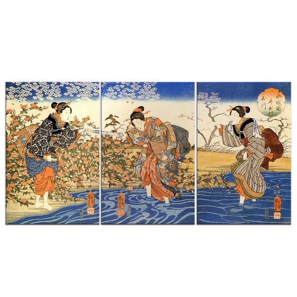 The Ide Tama River in Yamashiro Province Utagawa Kuniyoshi 3 Panels Modern Japanese Art Canvas Print Wall Art Home Decor