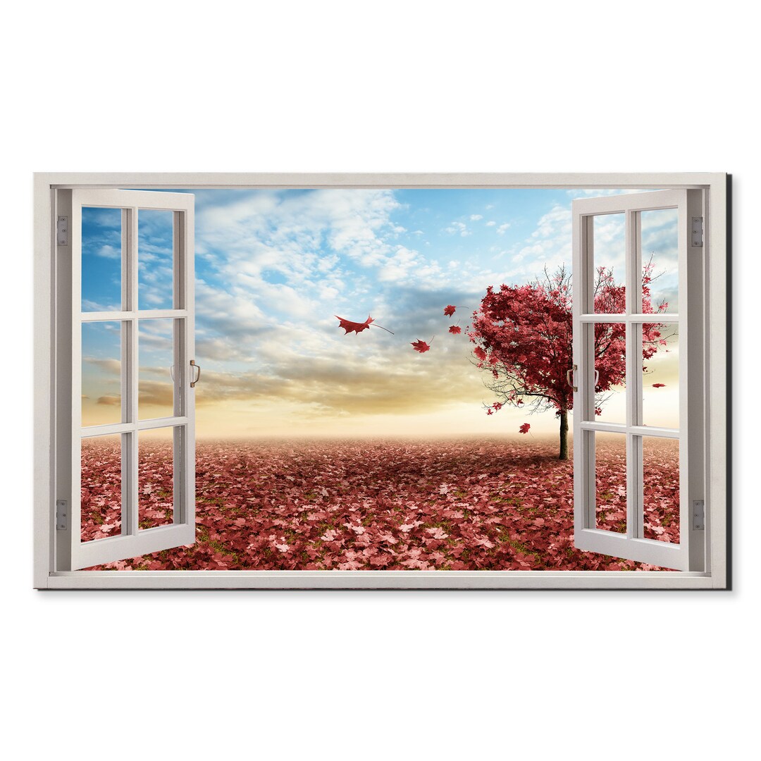 Red Maple Tree in Heart Shape Window View, Window Frame Style Modern ...