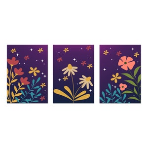 Abstract Colourful Floral Art, Purple Blue Red Flowers, Boho Minimalist Art, Set Of 3 Prints Modern Canvas Print Wall Art Home Decor