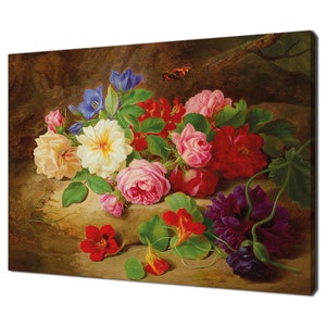 A Forest Floor With Roses And Butterfly Still Life, Vintage Victorian Oil Painting Print, Bouquet Of Colourful Flowers Fine Art Print