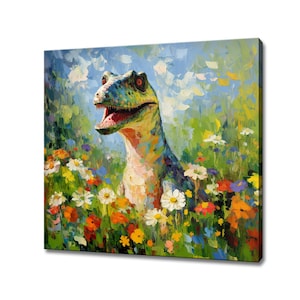 Impression sur toile animal tyrannosaure rex en fleurs, cadeau pour amateur de dinosaures, portrait de dinosaure coloré peinture impression art mural