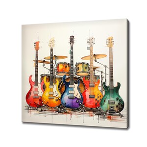 Music Instruments Guitars Drums Colourful Watercolour Canvas Print Wall Art, Music Lovers Gift, Modern Musical Art, Music Themed Wall Decor