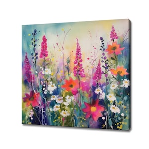 Colourful Wildlowers Meadow Field Watercolour Abstract Painting Style Canvas Print, Modern Floral Design Home Decor, Flower Wall Art Picture