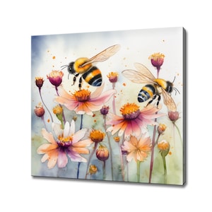 Honey Bees Sitting On Wild Flowers, Modern Floral Design Home Decor, Watercolour Painting Style Canvas Print Wall Art, Wild Flower Wall Art