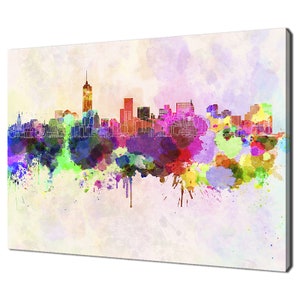 Pintura de acuarela del horizonte colorido de Manhattan, diseño moderno, decoración del hogar, impresión en lienzo, arte de pared, imagen para colgar en la pared