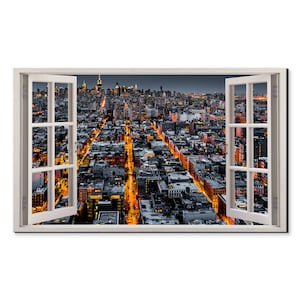 New York Night Skyline Window View, Window Frame Style Modern Design Home Decor Canvas Print Wall Art Picture Ready To Hang