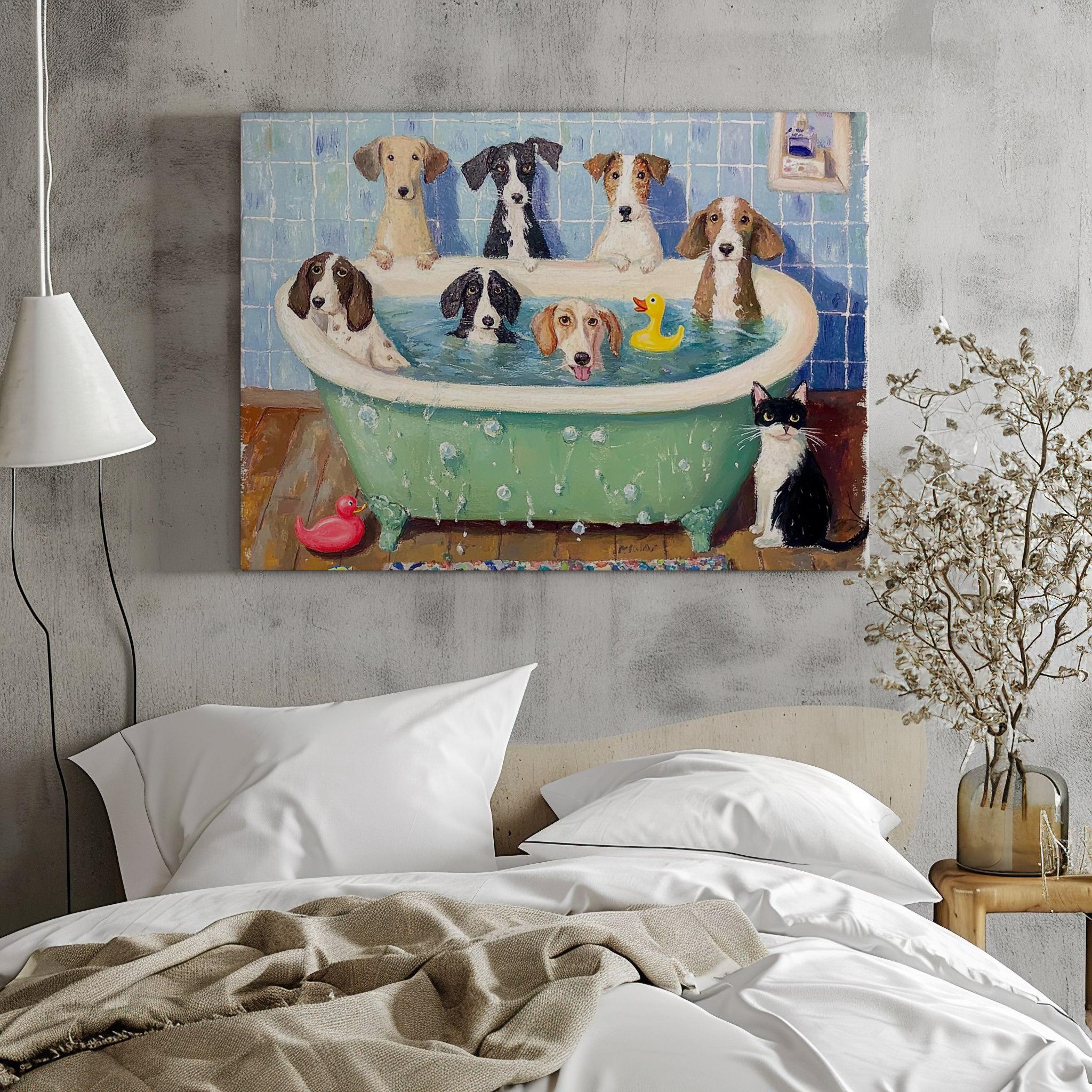Funny Dogs in the Bathtub Canvas Print, Cute Dog Fine Art Print, Gift
