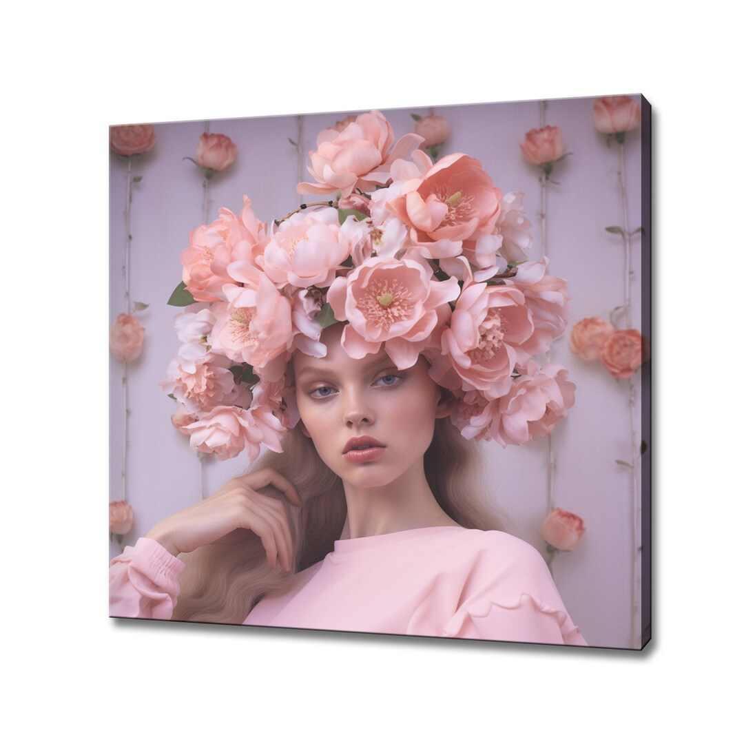 Pink Blossom Flowers Woman Head Canvas Print, Rococo Flowers Wall Art ...
