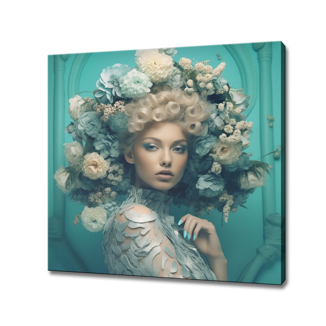 Teal Blue Flowers Woman Head Canvas Print, Rococo Flowers Wall Art ...