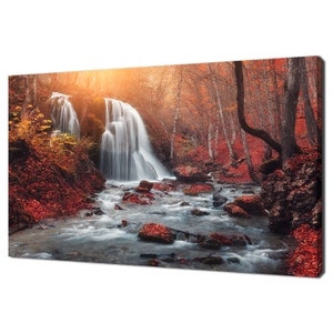 Beautiful Waterfall At Mountain River In The Autumn Forest Modern Design Home Decor Canvas Print Wall Art Wall Hanging
