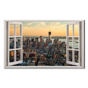 One World Trade Center New York Sunset Window View, Window Frame Style Modern Design Home Decor Canvas Print Wall Art Picture Ready To Hang