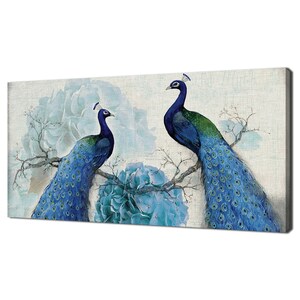 Blue Peacock Birds Sitting On A Branch Modern Design Home Decor Canvas Print Wall Art Picture