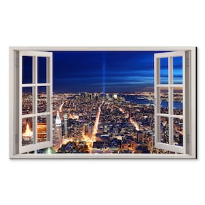 New York City Manhattan At Night Window View, Window Frame Style Modern Design Home Decor Canvas Print Wall Art Picture Ready To Hang