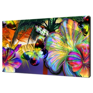 Stampa su tela con farfalle colorate arcobaleno e fiori astratti, design moderno, decorazione per la casa, arte murale pronta da appendere