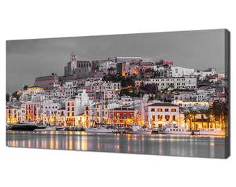Ibiza Downtown At Night Dalt Vila Black And White Panorama Modern Design Home Decor Canvas Print Wall Art Picture