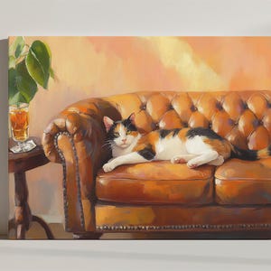Calico Cat With Old Fashioned Cocktail Canvas Print, Cute Quirky Whimsical Fine Art, Prezent dla Miłośnika Kotów, Retro Cocktail Art Bar Cart Decor