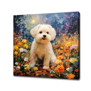 Cute Maltese Puppy Dog Canvas Print, Gift For Maltese Dog Lover, Colourful Dog Portrait Painting Print, Maltese Dog Wall Art