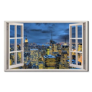 Blue Night Over Manhattan Window View, Window Frame Style Modern Design Home Decor Canvas Print Wall Art Picture Ready To Hang