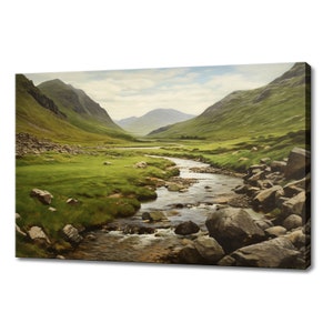 River In The Green Mountains Vintage Painting Style Canvas Print, Farmhouse Decor Art, Neutral Nature Picture Wall Hanging, Fine Art Print