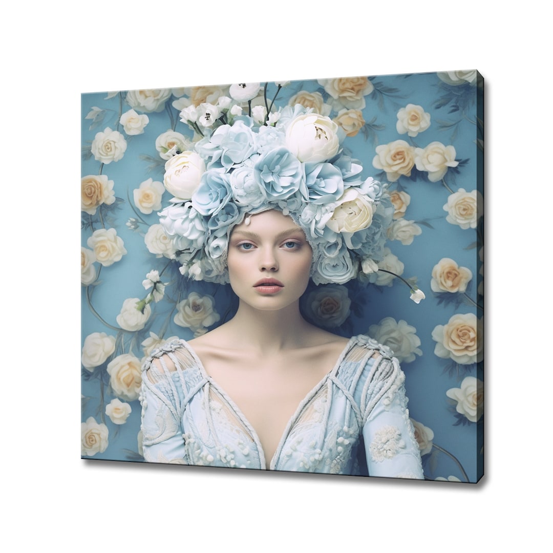 Powder Blue Flowers Woman Head Canvas Print, Rococo Flowers Wall Art ...
