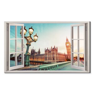 London Big Ben Westminster Window View, Window Frame Style Modern Design Home Decor Canvas Print Wall Art Picture Ready To Hang