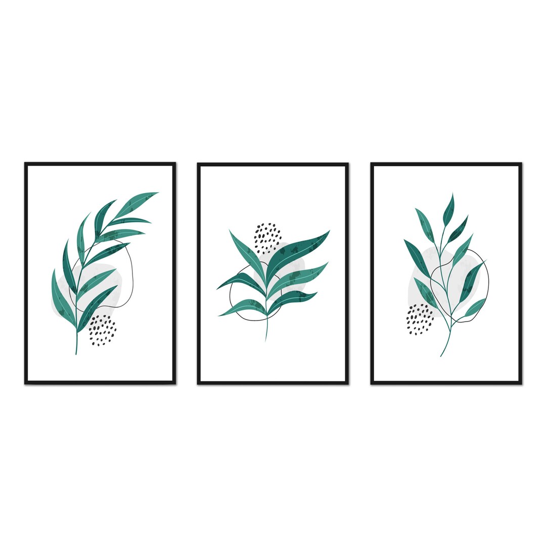 Abstract Botanical Plants Art, Boho Art Print, Green Leaves Set of 3 ...