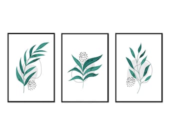 Abstrakte Pflanzen Kunst, Boho Kunstdruck, Grüne Blätter 3er Set Moderne Leinwand Druck Wand Kunst Wohnkultur