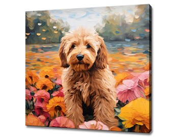 May include: A brown and white dog with curly fur sits in a field of pink and orange flowers. The dog is looking directly at the camera.
