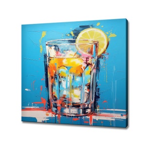 Alcoholic Drink Gin Fizz With Ice And Lemon Watercolour Canvas Print, Kitchen Modern Art, Home Restaurant Bar Decor Picture Wall Hanging