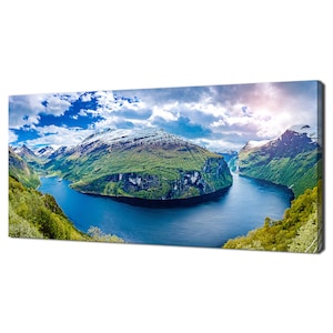 Panorama Of Geiranger Fjord Norway Nature Blue Green Modern Design Decor Canvas Print Wall Art Picture