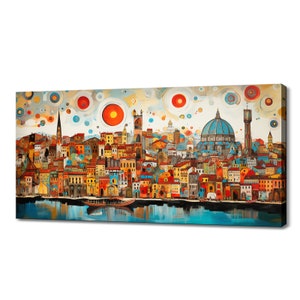 May include: A colourful painting of a cityscape with a blue domed building in the centre. The buildings are painted in a variety of colours, including red, yellow, orange, and green. The sky is a light blue with white clouds and orange and red circles.