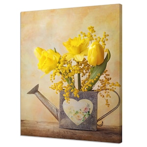 Beautiful Spring Yellow Flowers Tulips In A Watering Can Modern Floral Design Home Decor Canvas Print Wall Art Picture