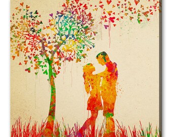 Colourful Couple In Love Under The Hearts Tree Watercolour Painting Style Modern Design Home Decor Canvas Print Wall Art Picture