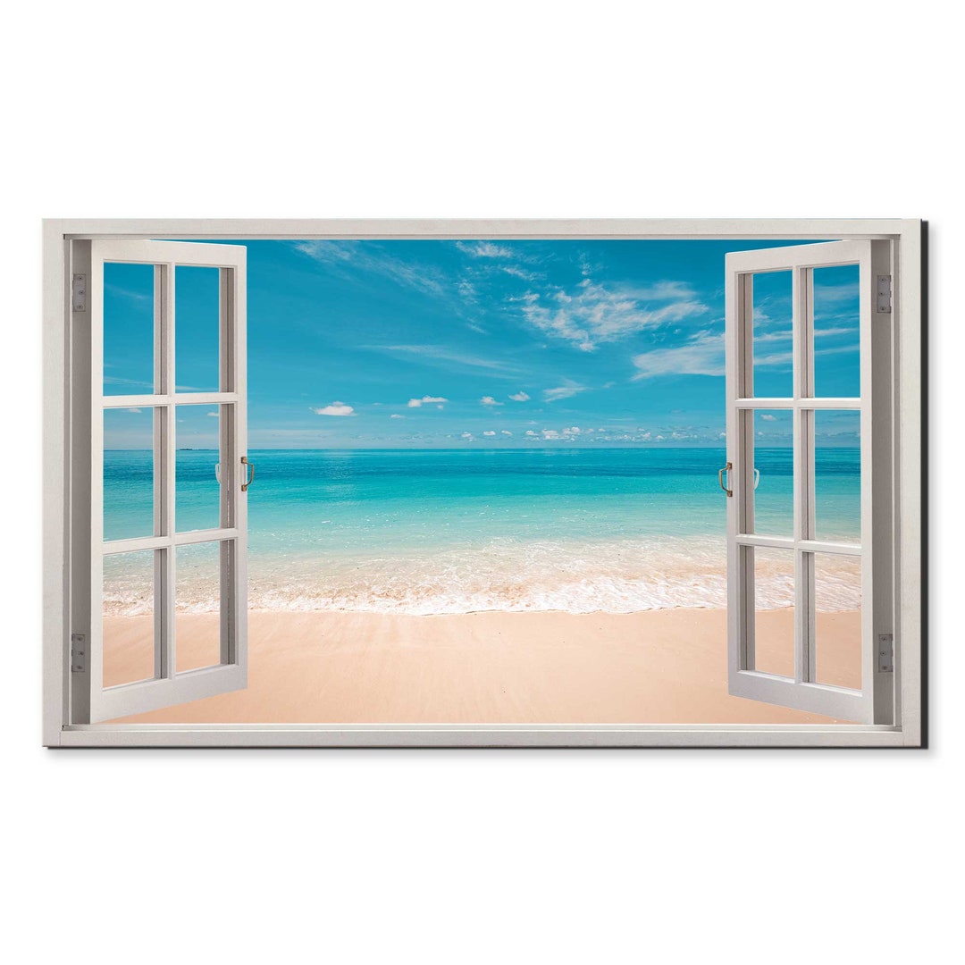Look Picture Blue Sky Over the Sandy Beach Window View, Window Frame Style Modern ...