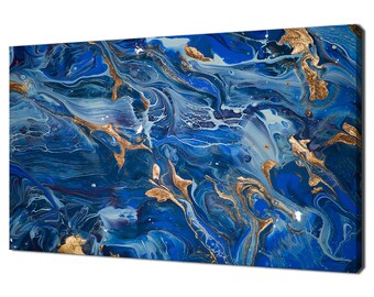 Blue Gold Liquid Marble Pattern Abstract Modern Design Canvas Print Wall Art Picture